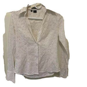 Sandra Ingrish Womens Button Up Shirt White Floral Eyelet Cuff Sleeve Collar 4